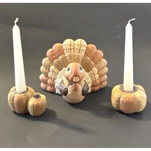 House of Lloyd Holiday Centerpiece Quilt Painted Turkey & 2 Candle Holders